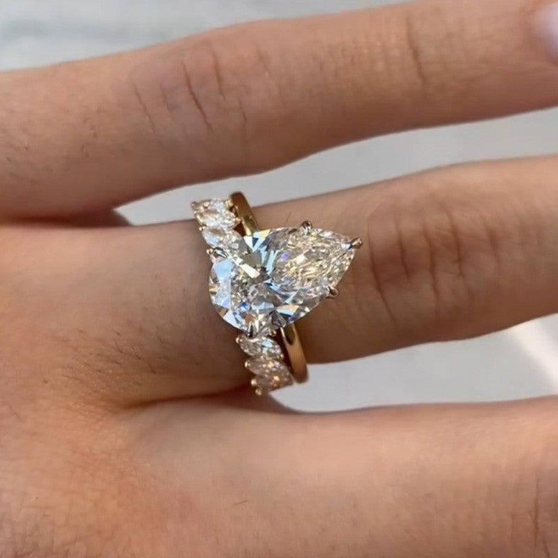 925 Sterling Silver 18K Yellow Gold Plated 4 Carat Pear Cut Wedding Ring Set