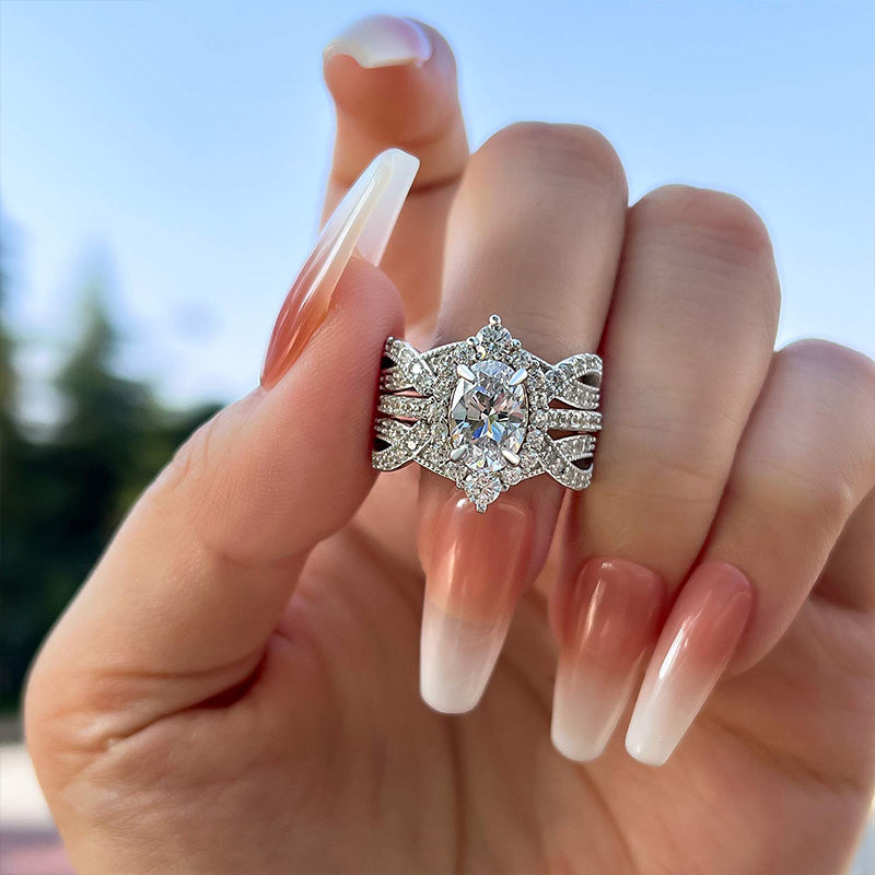 Vintage Halo Oval Cut Wedding Set - Sterling Silver White Gold Plated