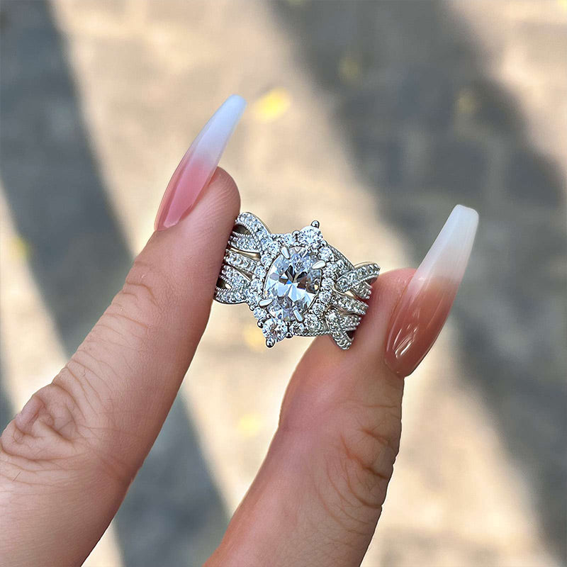 Vintage Halo Oval Cut Wedding Set - Sterling Silver White Gold Plated