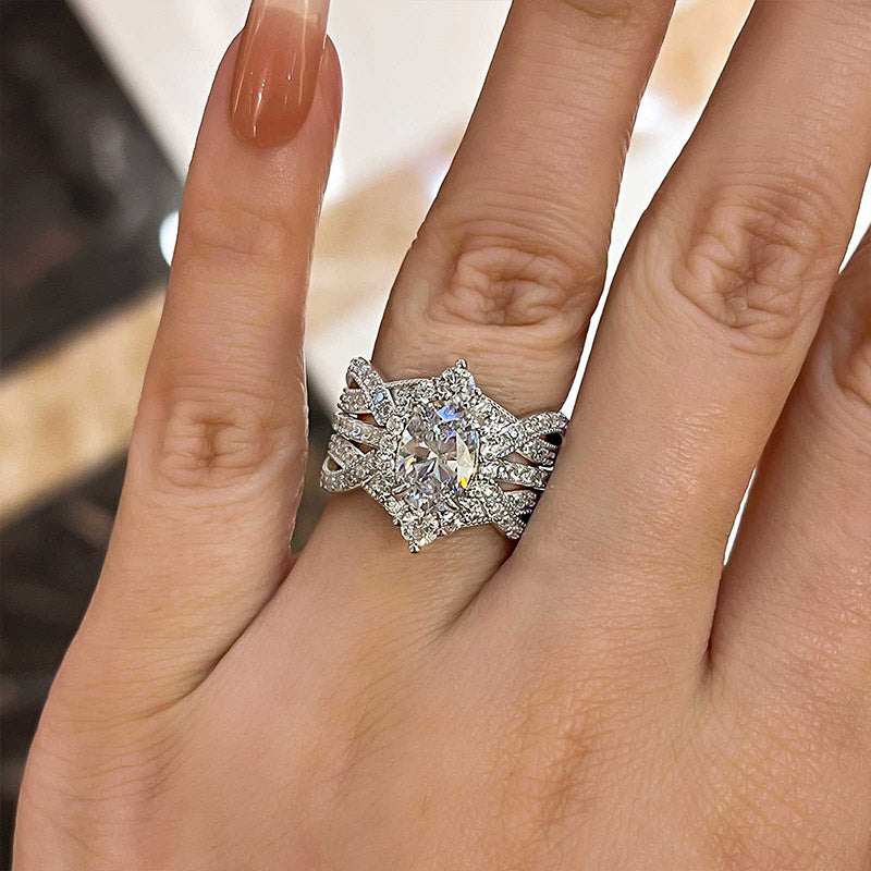 Vintage Halo Oval Cut Wedding Set - Sterling Silver White Gold Plated