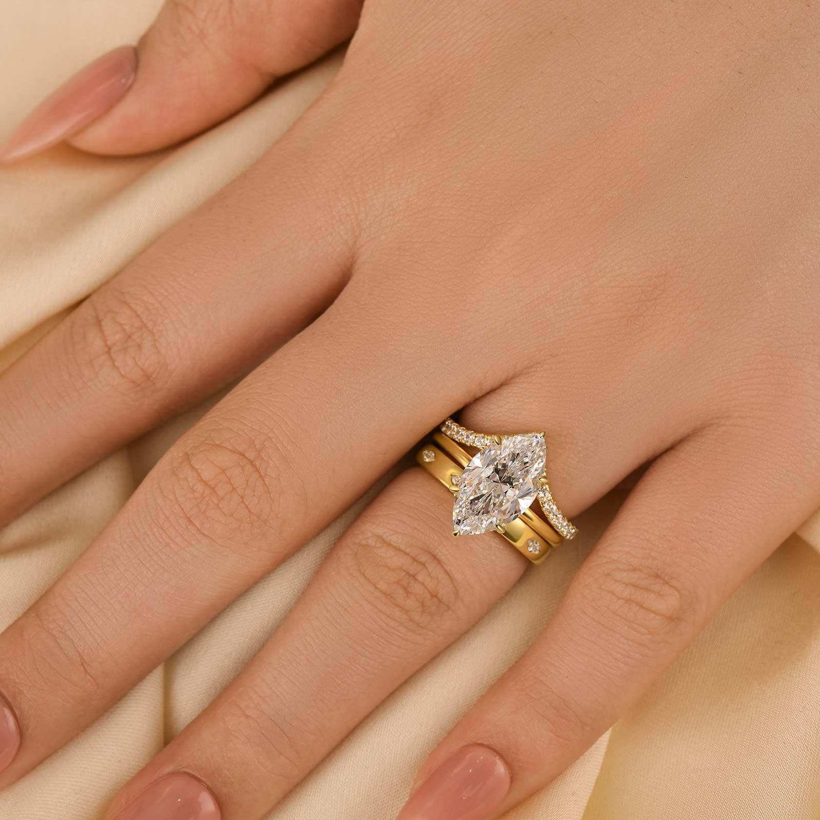 4Ct Marquise Cut Gold Wedding Set - 3PC Vintage Style Bands