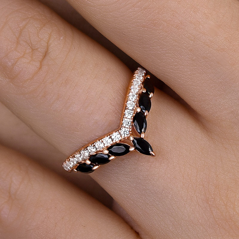925 Silver 18K Rose Gold 0.5Ct Black Marquise Diamond Ring