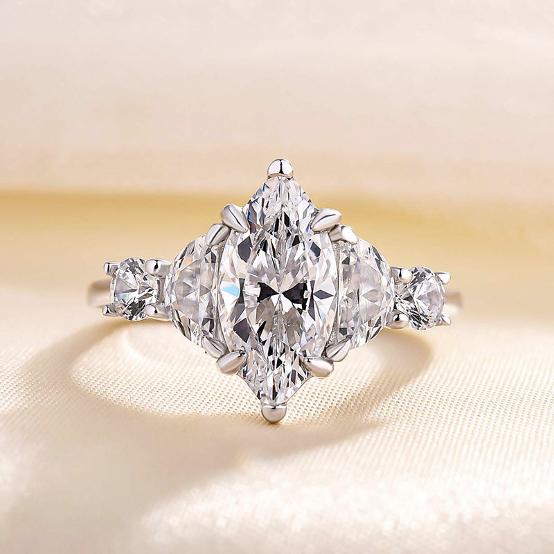 1.5Ct Marquise & Half-Moon Diamond Ring Set - 925 Silver White Gold