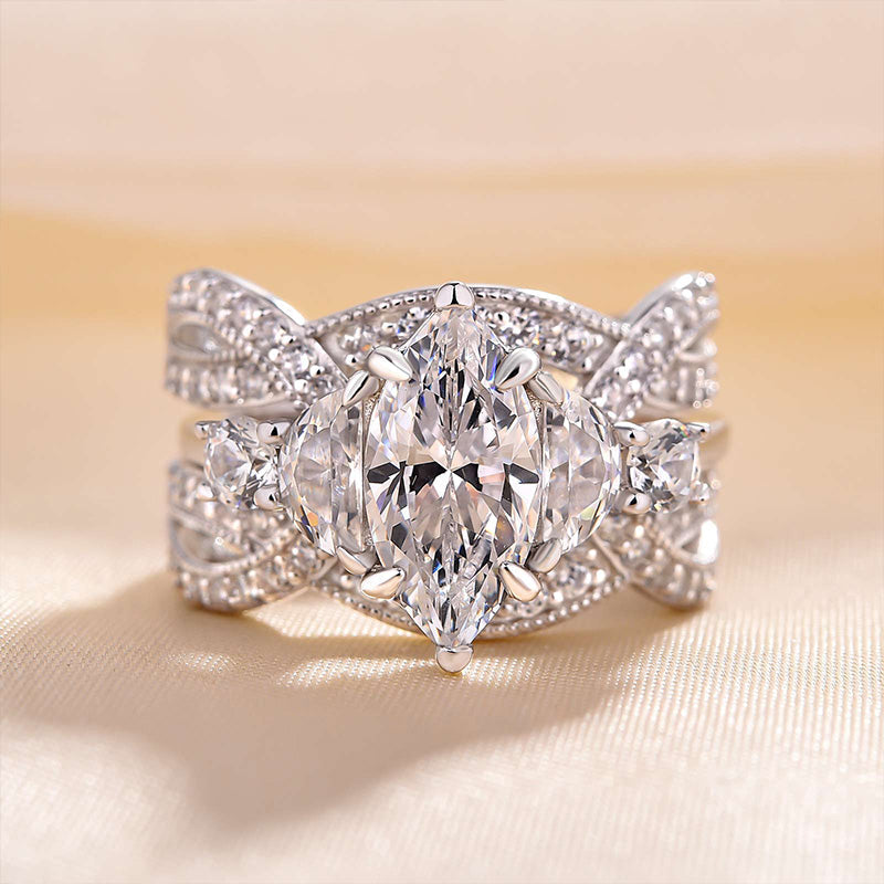 1.5Ct Marquise & Half-Moon Diamond Ring Set - 925 Silver White Gold