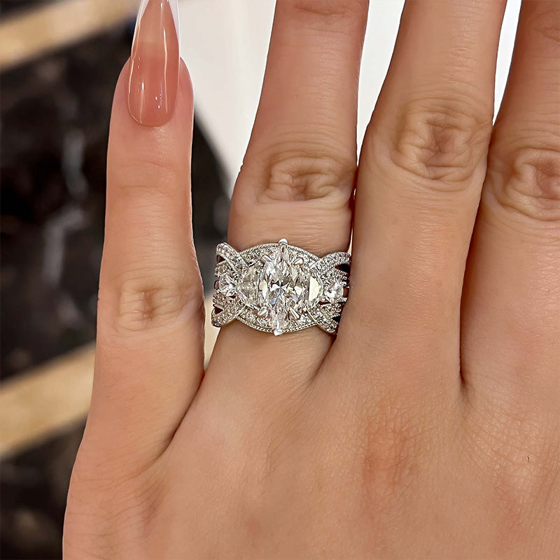 1.5Ct Marquise & Half-Moon Diamond Ring Set - 925 Silver White Gold