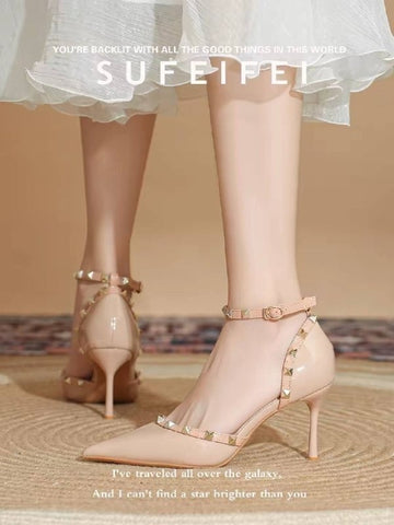 Sheepskin version ~ Studded stiletto heels for women, 2026 new fashion sexy single strap buckle shoes to match skirts
