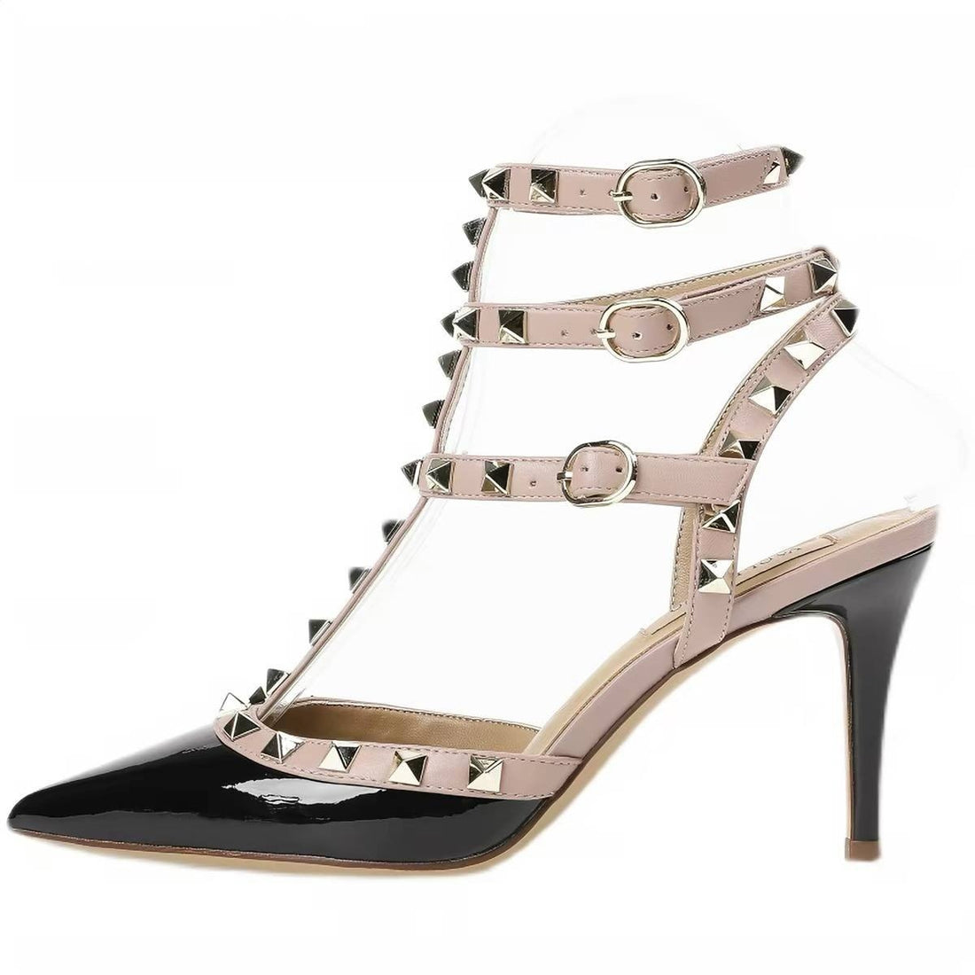 Women’s Elegant Studded Slingback Pumps – Glossy Pointed Toe T-Strap Stiletto Heels with Adjustable Buckle Straps