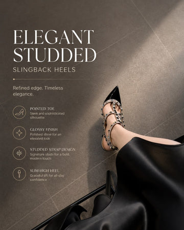 Women’s Elegant Studded Slingback Pumps – Glossy Pointed Toe T-Strap Stiletto Heels with Adjustable Buckle Straps